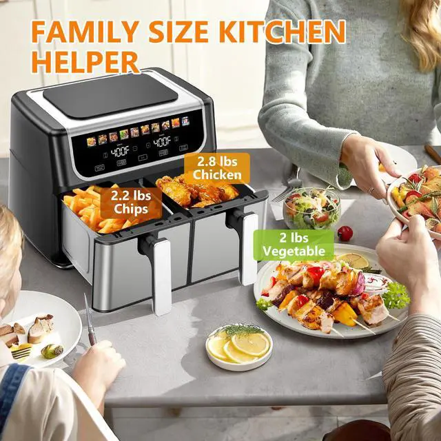 Alt view image 5 of 5 - 9.5 Quart Dual Basket Air Fryer, 10-in-1 Large Airfryer with Ceramic Crisper Plate, Sync Finish & Match Cook, Shake Reminder, Wide Temperature 80-450°F, Roast Bake Defrost Dehydrate, Black