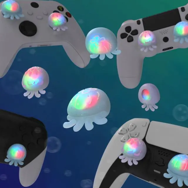 Alt view image 5 of 7 - Cute Universal Illuminated LED Thumbstick Grips for ps5, for ps4, Joystick Caps for Xbox Series X/S, for Xbox One, Switch Pro Controllers, Joystick Protection - Jellyfish Purple & Blue