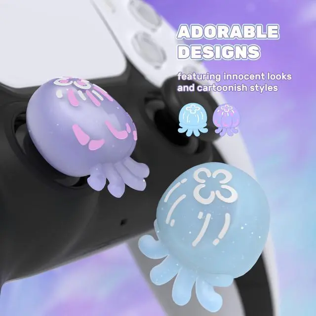 Alt view image 6 of 7 - Cute Universal Illuminated LED Thumbstick Grips for ps5, for ps4, Joystick Caps for Xbox Series X/S, for Xbox One, Switch Pro Controllers, Joystick Protection - Jellyfish Purple & Blue