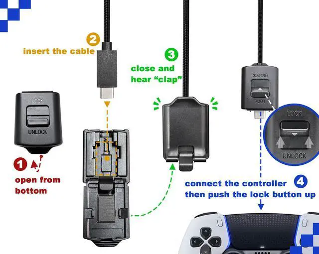 Alt view image 2 of 7 - Replacement USB-C Cable & Locking Connector Kit for PS5 for DualSense Edge Controller, 9.2FT Braided Charging Camera Cord with Anti-Unplug Lock, Complete Wired Gaming Set Cam