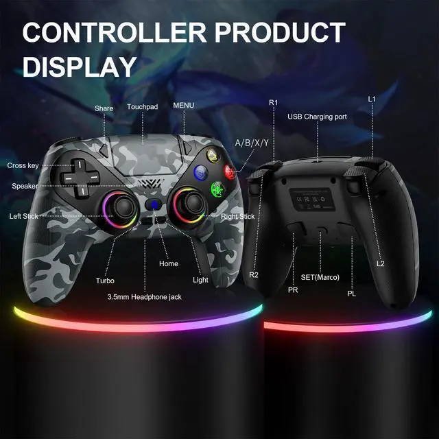 Alt view image 7 of 7 - LED Wireless Controller for PS5, Compatible with PS5 Pro/Slim/PC, Dual Vibration, Macro/Turbo Function, 3.5mm Audio Jack,1000mAh Battery, 6-Axis Motion Control Gamepad with Speaker