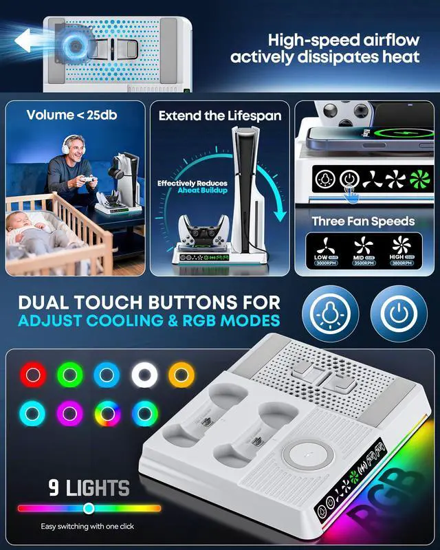 Alt view image 3 of 7 - PS5/Slim/Pro Cooling Station with Wireless Charging & Dual Controller Dock