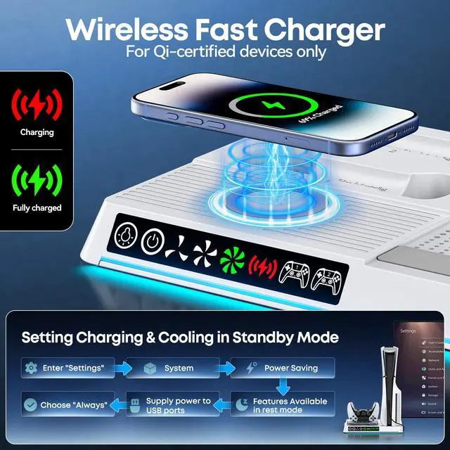 Alt view image 4 of 7 - PS5/Slim/Pro Cooling Station with Wireless Charging & Dual Controller Dock