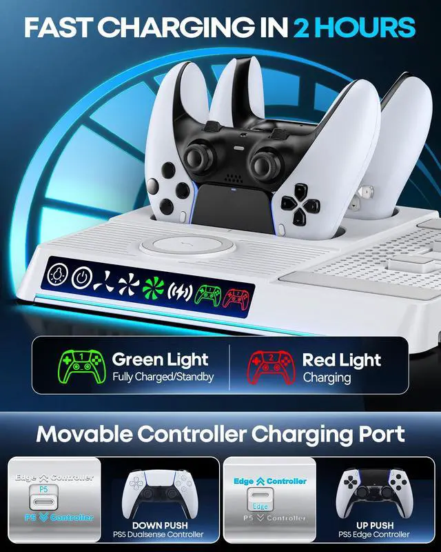 Alt view image 5 of 7 - PS5/Slim/Pro Cooling Station with Wireless Charging & Dual Controller Dock
