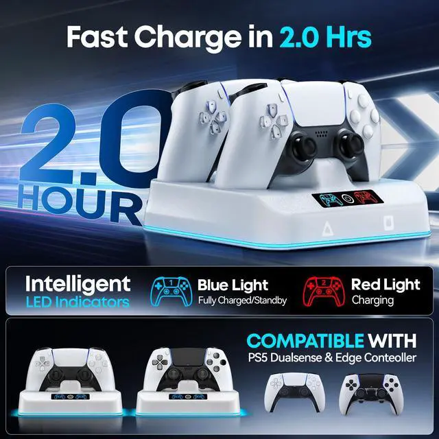 Alt view image 3 of 7 - PS5 Controller Charger Station, Drop & Go Design Compatible with PlayStation 5 DualSense/Edge Remotes, Fast Charging Dock with 9 RGB Lights & LED Indicator, Charging Stand