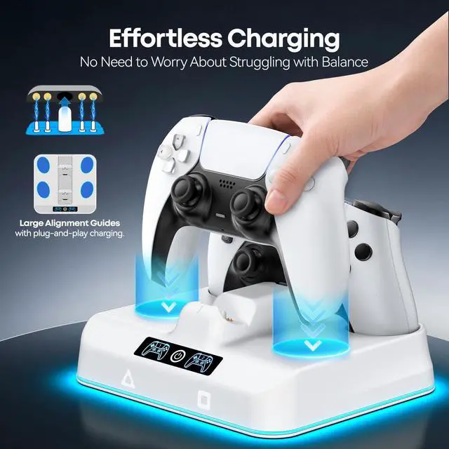 Alt view image 2 of 7 - PS5 Controller Charger Station, Drop & Go Design Compatible with PlayStation 5 DualSense/Edge Remotes, Fast Charging Dock with 9 RGB Lights & LED Indicator, Charging Stand