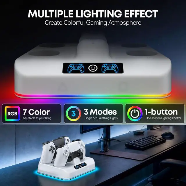 Alt view image 4 of 7 - PS5 Controller Charger Station, Drop & Go Design Compatible with PlayStation 5 DualSense/Edge Remotes, Fast Charging Dock with 9 RGB Lights & LED Indicator, Charging Stand