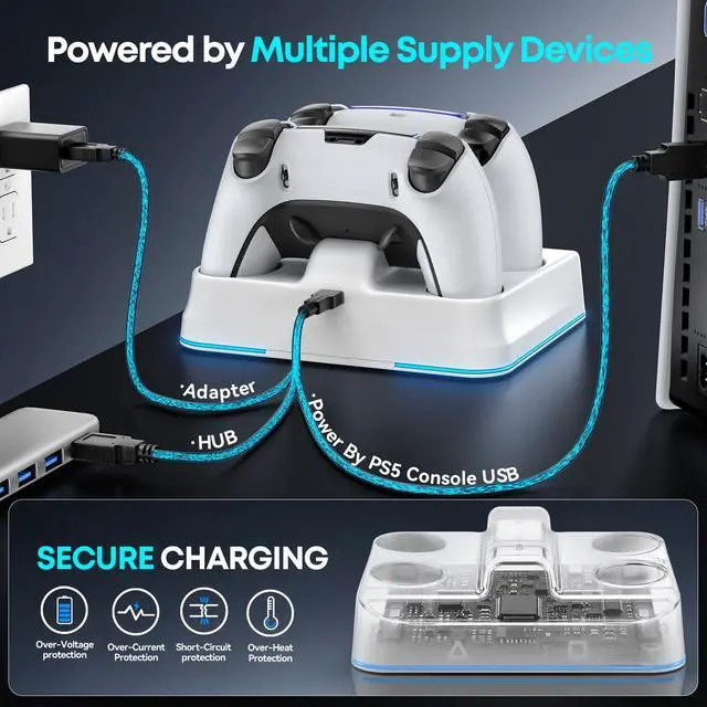 Alt view image 6 of 7 - PS5 Controller Charger Station, Drop & Go Design Compatible with PlayStation 5 DualSense/Edge Remotes, Fast Charging Dock with 9 RGB Lights & LED Indicator, Charging Stand