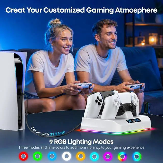Alt view image 7 of 7 - PS5 Controller Charger Station, Drop & Go Design Compatible with PlayStation 5 DualSense/Edge Remotes, Fast Charging Dock with 9 RGB Lights & LED Indicator, Charging Stand