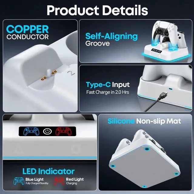 Alt view image 5 of 7 - PS5 Controller Charger Station, Drop & Go Design Compatible with PlayStation 5 DualSense/Edge Remotes, Fast Charging Dock with 9 RGB Lights & LED Indicator, Charging Stand
