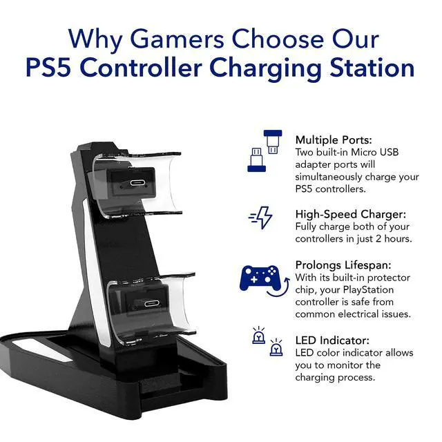 Alt view image 2 of 7 - Charging Dock Station for PlayStation 5 Controllers - Vertical Controller Charger Stand, Dual Ports PS5 Charging Dock, Overcharge Protection PS5 USB Charging Station