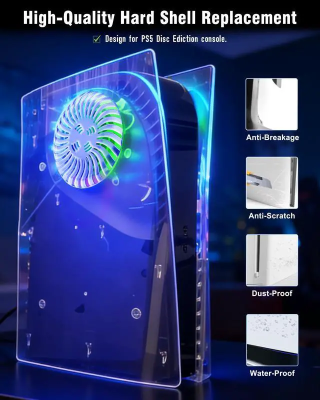 Alt view image 5 of 7 - Faceplate for PS5 Disc Edition, Anti-Scratch Dustproof Case Replacement with RGB Ring, Cover Skin Fit for PS5 Console (CD-ROM), Plates for PS5 Accessories, Transparent