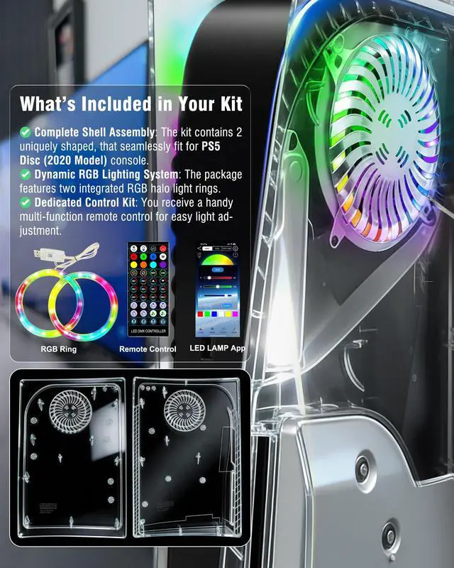 Alt view image 7 of 7 - Faceplate for PS5 Disc Edition, Anti-Scratch Dustproof Case Replacement with RGB Ring, Cover Skin Fit for PS5 Console (CD-ROM), Plates for PS5 Accessories, Transparent