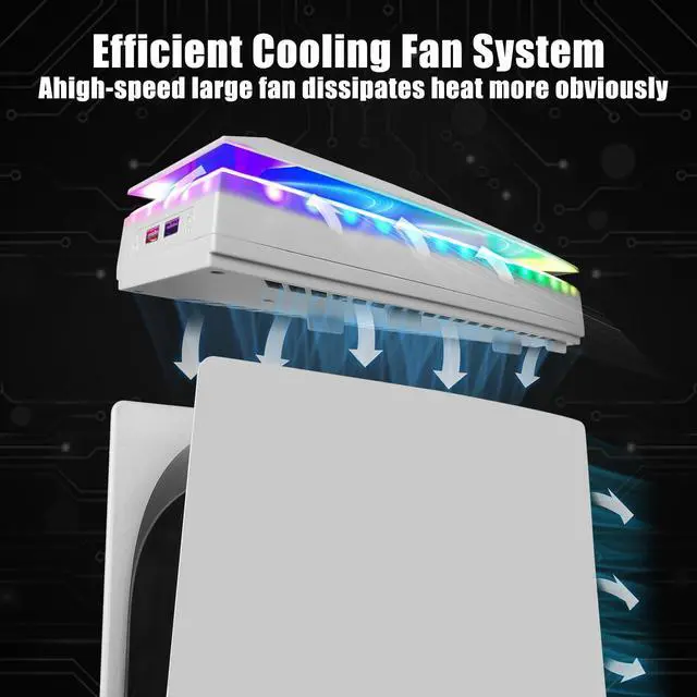 Alt view image 2 of 7 - Console Cooling Fan with Dust Cover Colorful LED Light for PS5 Console Disc Edition & Digital Edition Silent Absorb Fan Cooler with 2 USB Port PlayStation 5 Cooling System
