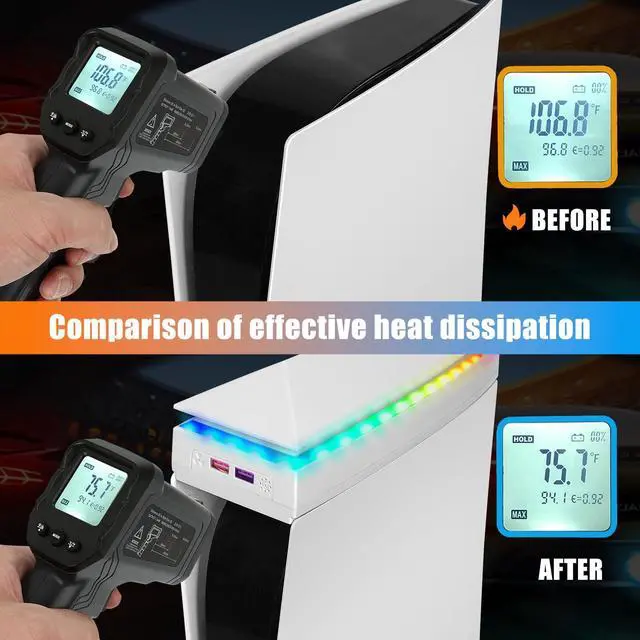 Alt view image 3 of 7 - Console Cooling Fan with Dust Cover Colorful LED Light for PS5 Console Disc Edition & Digital Edition Silent Absorb Fan Cooler with 2 USB Port PlayStation 5 Cooling System