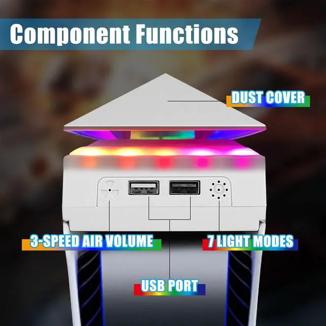 Alt view image 5 of 7 - Console Cooling Fan with Dust Cover Colorful LED Light for PS5 Console Disc Edition & Digital Edition Silent Absorb Fan Cooler with 2 USB Port PlayStation 5 Cooling System