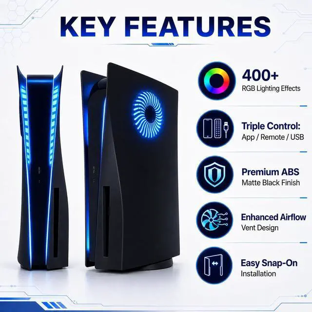 Alt view image 3 of 7 - LED Faceplate for PS5 Disc Edition Side Shell Plates PlayStation 5 Original Disc Console Cover with RGB Lighting Custom Design Anti-Scratch Dust Protection Replacement Shell