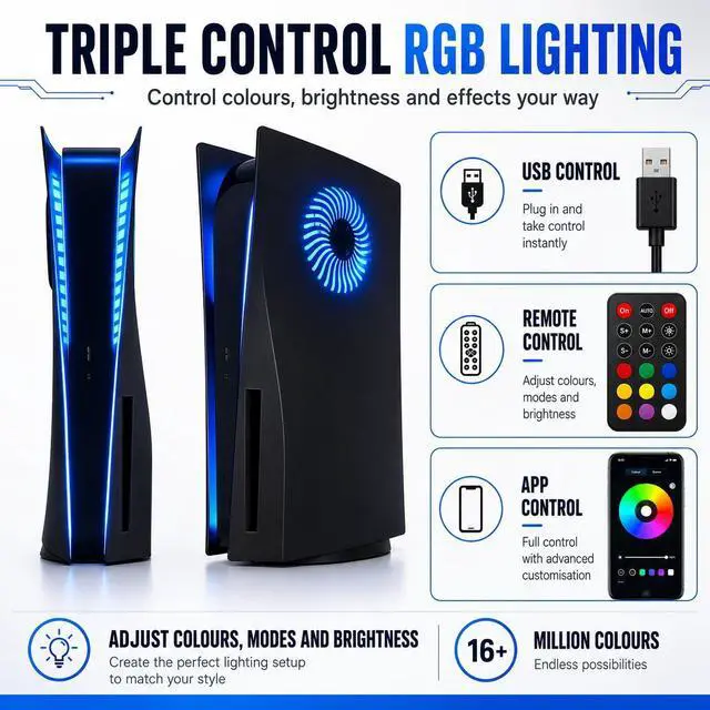 Alt view image 4 of 7 - LED Faceplate for PS5 Disc Edition Side Shell Plates PlayStation 5 Original Disc Console Cover with RGB Lighting Custom Design Anti-Scratch Dust Protection Replacement Shell
