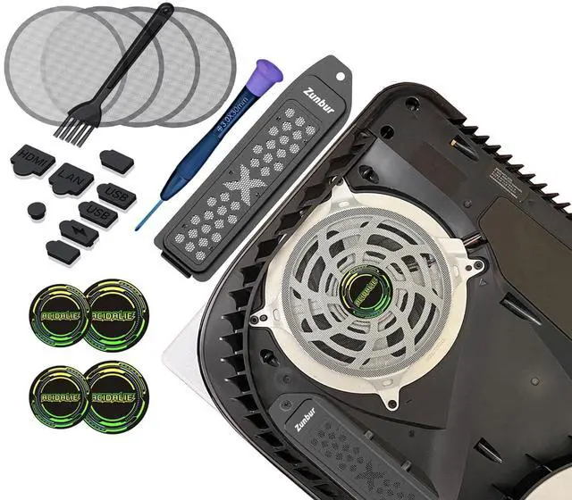 Main image of PS5 M.2 SSD Heatsink Cover & Dust Protection Kit Vented Metal Expansion Slot Cooling Plate for PS5 M.2 NVMe SSD Includes Fan Mesh Filters, Silicone Port Plugs & Exclusive Decals (Black)