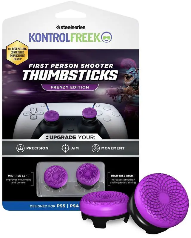 Main image of FPS Freek Frenzy for PlayStation 5 (PS5) and PlayStation 4 (PS4) Controller | Performance Thumbsticks | 1 High-Rise, 1 Mid-Rise | Purple/Black