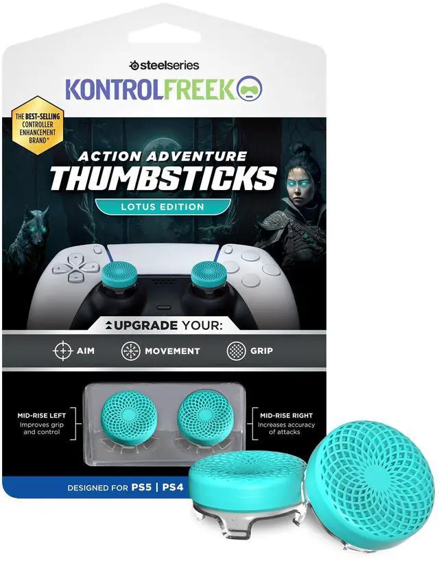 Main image of Lotus for PlayStation 5 (PS5) and PlayStation 4 (PS4) | Performance Thumbsticks | 2 Mid-Rise Concave | Teal/Clear