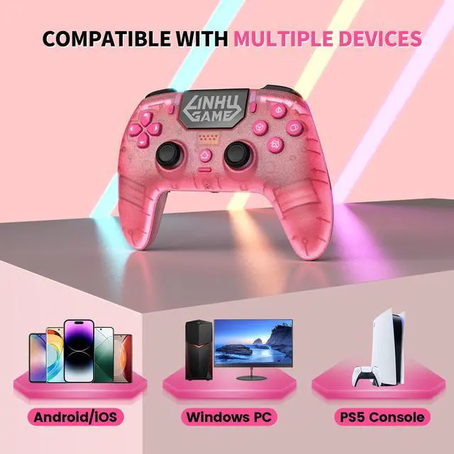 Alt view image 2 of 7 - Wireless Controller for P5/Pro/Slim/PC, with Transparent Shell/RGB Tape Light/Hall Effect Joyticks and Trigger/Macro/Turbo/3.5mm Audio Jack/Speaker and Mic/1500 mAh Large Battery Gamepad (Pink)