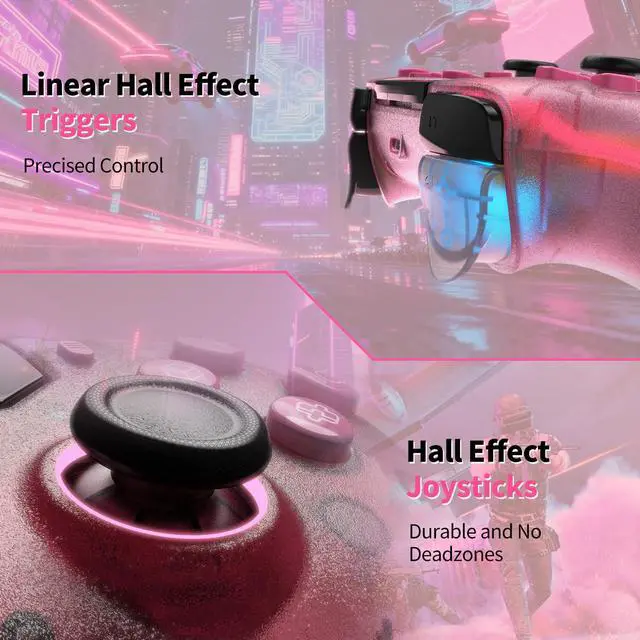 Alt view image 3 of 7 - Wireless Controller for P5/Pro/Slim/PC, with Transparent Shell/RGB Tape Light/Hall Effect Joyticks and Trigger/Macro/Turbo/3.5mm Audio Jack/Speaker and Mic/1500 mAh Large Battery Gamepad (Pink)