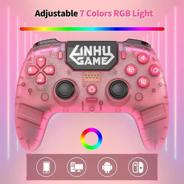 Alt view image 5 of 7 - Wireless Controller for P5/Pro/Slim/PC, with Transparent Shell/RGB Tape Light/Hall Effect Joyticks and Trigger/Macro/Turbo/3.5mm Audio Jack/Speaker and Mic/1500 mAh Large Battery Gamepad (Pink)