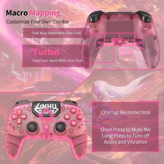Alt view image 6 of 7 - Wireless Controller for P5/Pro/Slim/PC, with Transparent Shell/RGB Tape Light/Hall Effect Joyticks and Trigger/Macro/Turbo/3.5mm Audio Jack/Speaker and Mic/1500 mAh Large Battery Gamepad (Pink)