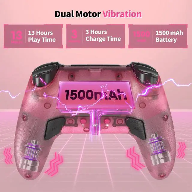 Alt view image 4 of 7 - Wireless Controller for P5/Pro/Slim/PC, with Transparent Shell/RGB Tape Light/Hall Effect Joyticks and Trigger/Macro/Turbo/3.5mm Audio Jack/Speaker and Mic/1500 mAh Large Battery Gamepad (Pink)