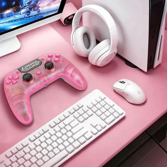 Alt view image 7 of 7 - Wireless Controller for P5/Pro/Slim/PC, with Transparent Shell/RGB Tape Light/Hall Effect Joyticks and Trigger/Macro/Turbo/3.5mm Audio Jack/Speaker and Mic/1500 mAh Large Battery Gamepad (Pink)