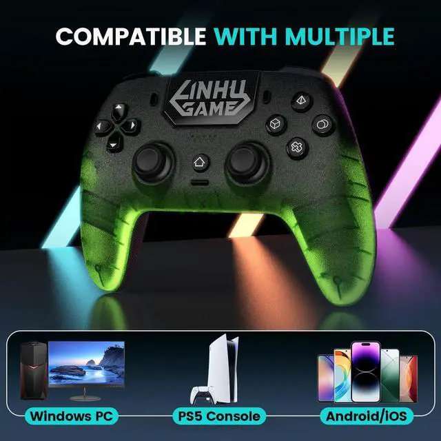 Alt view image 2 of 7 - Transparent Wireless Controller for PS5/Pro/Slim/PC(Electric green),Full surround RGB, Hall-Effect Joysticks and Trigger, Macro, 1500mAh, Speaker and Mic