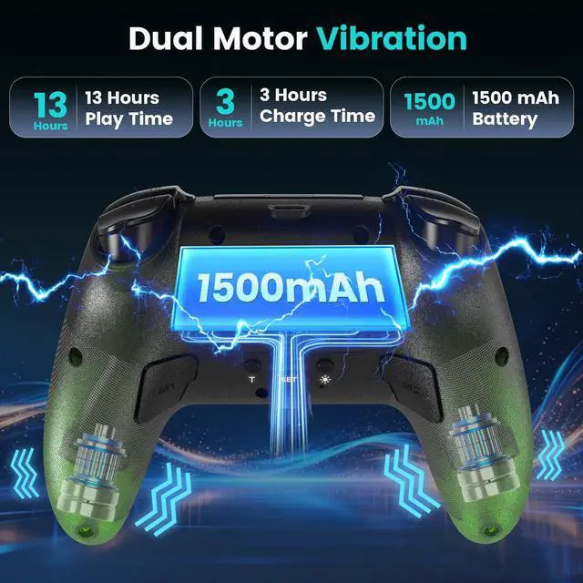 Alt view image 4 of 7 - Transparent Wireless Controller for PS5/Pro/Slim/PC(Electric green),Full surround RGB, Hall-Effect Joysticks and Trigger, Macro, 1500mAh, Speaker and Mic