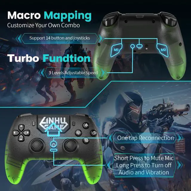 Alt view image 6 of 7 - Transparent Wireless Controller for PS5/Pro/Slim/PC(Electric green),Full surround RGB, Hall-Effect Joysticks and Trigger, Macro, 1500mAh, Speaker and Mic
