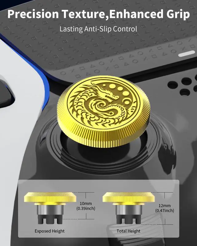 Alt view image 2 of 6 - Metal Thumbsticks for PS5 Edge Controller Stick Module, 2Pcs Custom Thumb Sticks Grips Joystick Replacement Kit for PS5 Dual Sense Edge Accessories, Thumbstick Accessories Parts, Golden Dragon