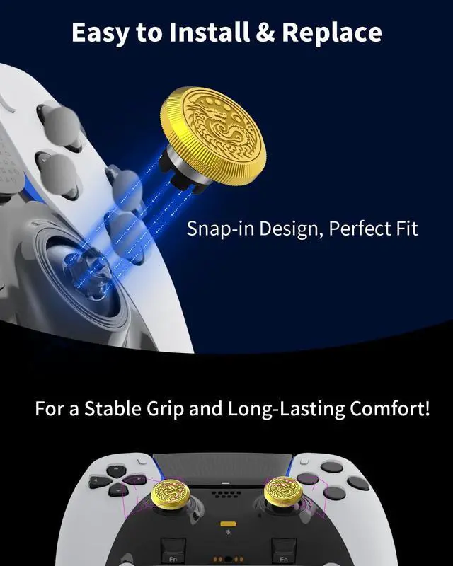 Alt view image 3 of 6 - Metal Thumbsticks for PS5 Edge Controller Stick Module, 2Pcs Custom Thumb Sticks Grips Joystick Replacement Kit for PS5 Dual Sense Edge Accessories, Thumbstick Accessories Parts, Golden Dragon