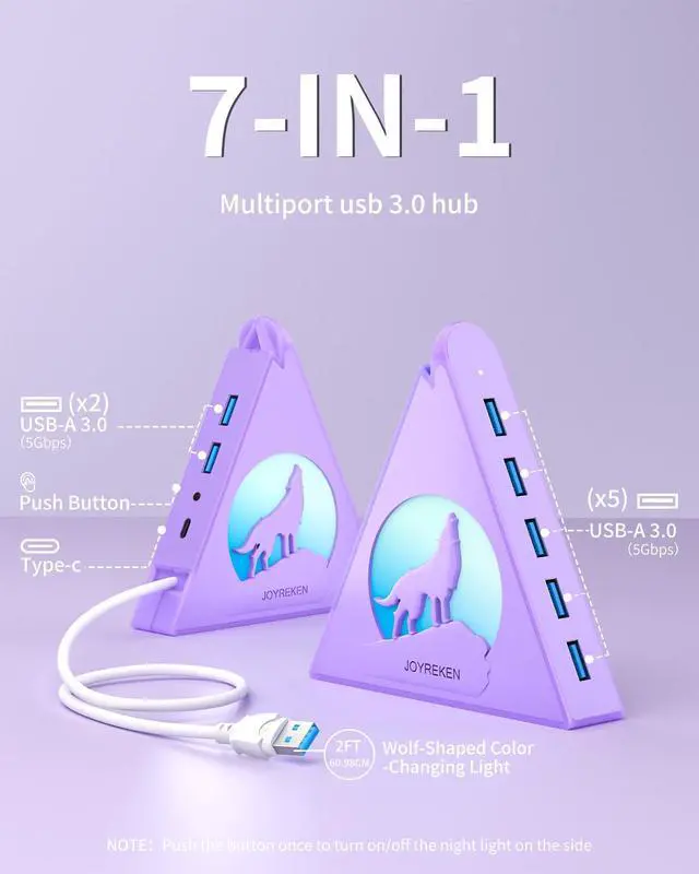 Alt view image 2 of 7 - USB 3.0 Hub 7 Port, Vertical USB Splitter with RGB Lighting, 5Gbps High-Speed Data Transfer, 2FT Extension Cable, Tower USB Hub for PC, Laptop, MacBook, PS5, Xbox, Flash Drive, Printer (Light Purple)