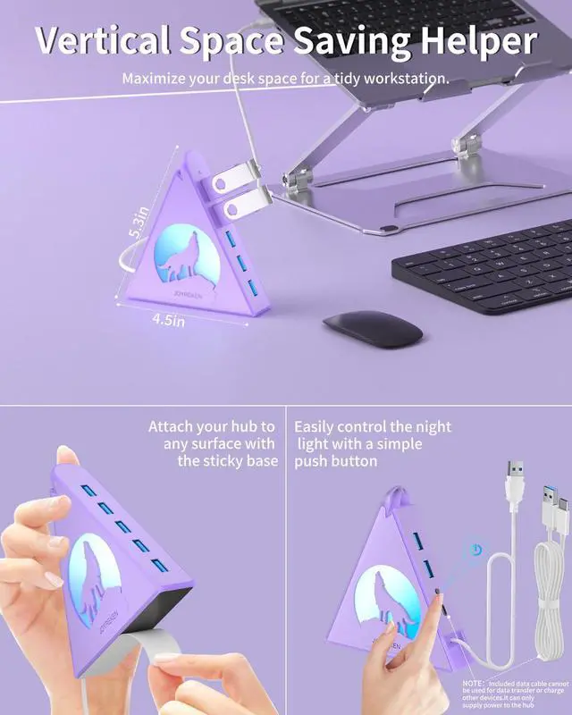 Alt view image 3 of 7 - USB 3.0 Hub 7 Port, Vertical USB Splitter with RGB Lighting, 5Gbps High-Speed Data Transfer, 2FT Extension Cable, Tower USB Hub for PC, Laptop, MacBook, PS5, Xbox, Flash Drive, Printer (Light Purple)