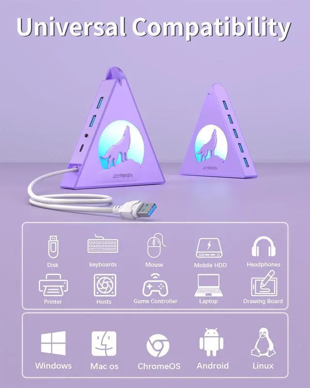 Alt view image 6 of 7 - USB 3.0 Hub 7 Port, Vertical USB Splitter with RGB Lighting, 5Gbps High-Speed Data Transfer, 2FT Extension Cable, Tower USB Hub for PC, Laptop, MacBook, PS5, Xbox, Flash Drive, Printer (Light Purple)