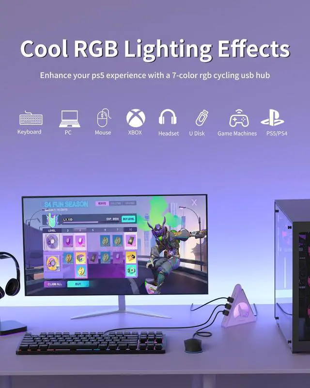 Alt view image 7 of 7 - USB 3.0 Hub 7 Port, Vertical USB Splitter with RGB Lighting, 5Gbps High-Speed Data Transfer, 2FT Extension Cable, Tower USB Hub for PC, Laptop, MacBook, PS5, Xbox, Flash Drive, Printer (Light Purple)