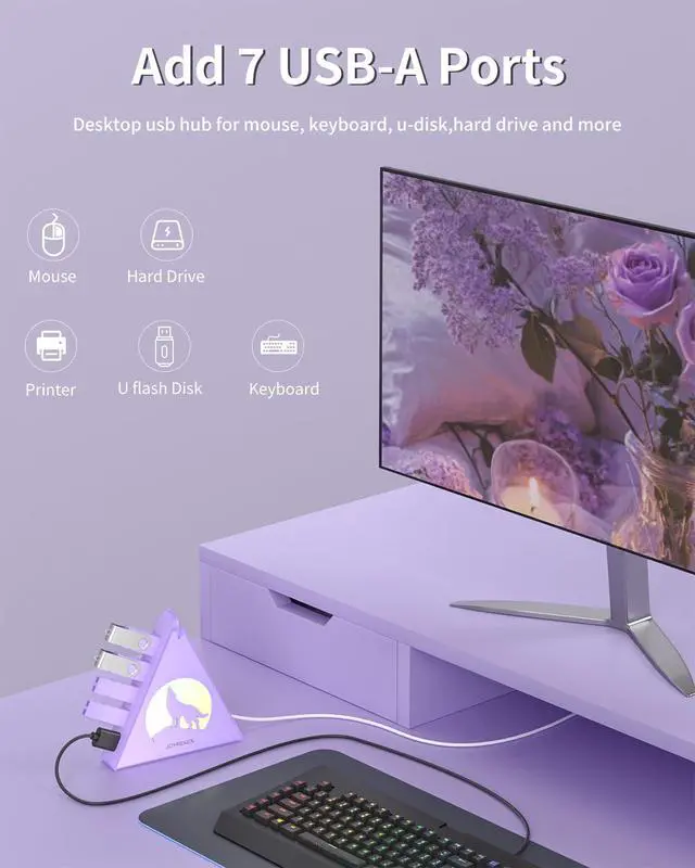 Alt view image 4 of 7 - USB 3.0 Hub 7 Port, Vertical USB Splitter with RGB Lighting, 5Gbps High-Speed Data Transfer, 2FT Extension Cable, Tower USB Hub for PC, Laptop, MacBook, PS5, Xbox, Flash Drive, Printer (Light Purple)