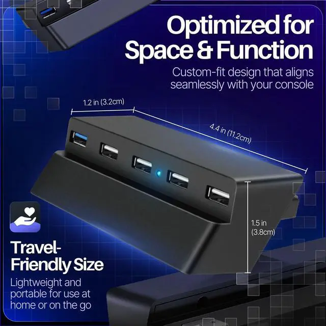Alt view image 4 of 7 - 5-Port USB Hub for PS4 Slim, USB 3.0 and 2.0 Expansion Adapter, Black