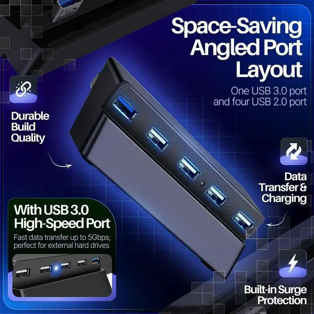 Alt view image 3 of 7 - 5-Port USB Hub for PS4 Slim, USB 3.0 and 2.0 Expansion Adapter, Black