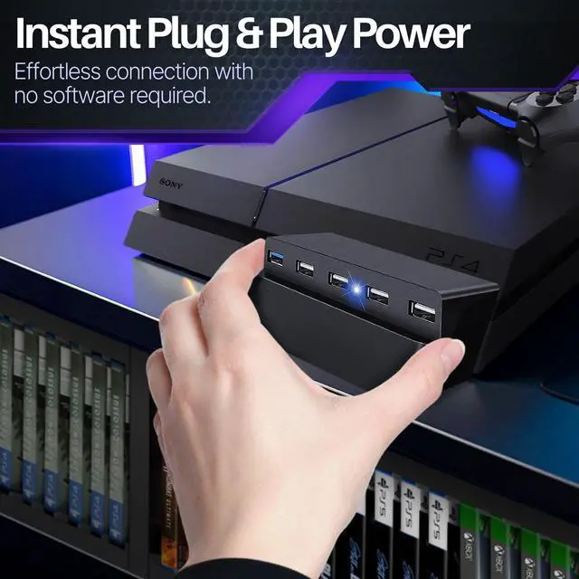 Alt view image 5 of 7 - 5-Port USB Hub for PS4 Slim, USB 3.0 and 2.0 Expansion Adapter, Black