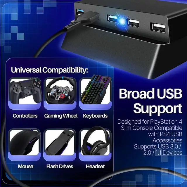 Alt view image 6 of 7 - 5-Port USB Hub for PS4 Slim, USB 3.0 and 2.0 Expansion Adapter, Black