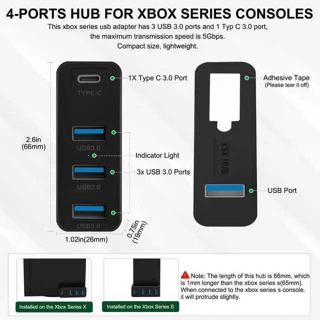 Alt view image 4 of 7 - 4 Ports USB 3.0 Hub for Xbox Series X/S Consoles, Xbox Series USB Hub High-Speed Expansion Splitter Adapter with 3 USB 3.0 Ports + 1 Type C 3.0 Port for Xbox Series S/X Accessories (Black)