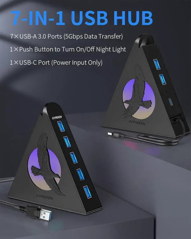 Alt view image 2 of 7 - 7 Port USB Hub, USB 3.0 Data Hub with 2 ft Long Cable,RGB Night Light,Multi Port Gaming Hub for PC, Laptop, Flash Drive, Keyboard, Mouse, Console, Xbox, PS4/PS5, iMac, Flash Drive, HDD