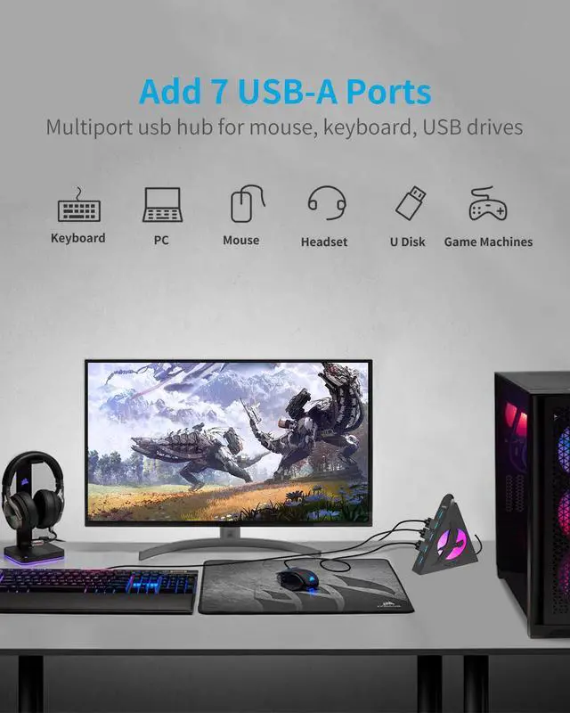 Alt view image 3 of 7 - 7 Port USB Hub, USB 3.0 Data Hub with 2 ft Long Cable,RGB Night Light,Multi Port Gaming Hub for PC, Laptop, Flash Drive, Keyboard, Mouse, Console, Xbox, PS4/PS5, iMac, Flash Drive, HDD