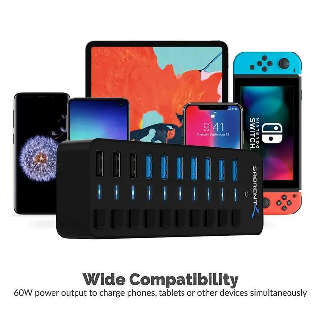 Alt view image 2 of 7 - 10-Port Powered USB 3.0 Hub, 3 Charging Ports, 60W (HB-B7C3)