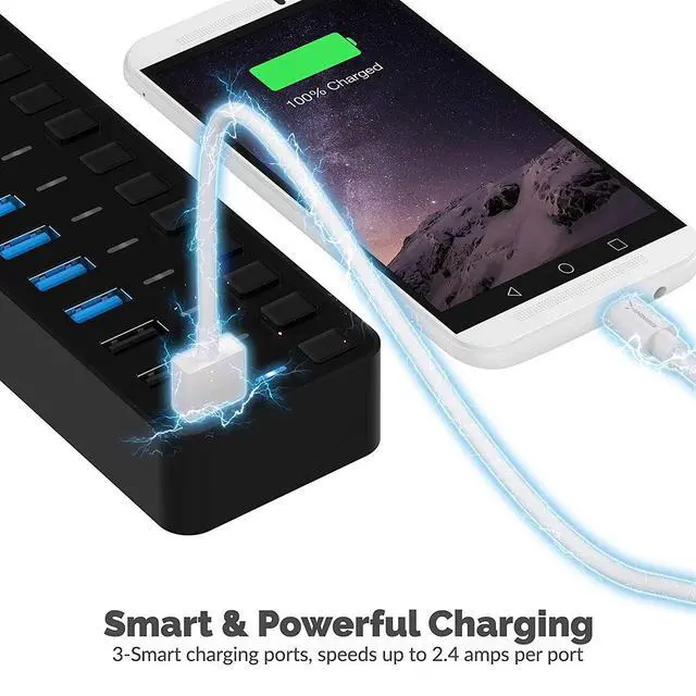 Alt view image 4 of 7 - 10-Port Powered USB 3.0 Hub, 3 Charging Ports, 60W (HB-B7C3)